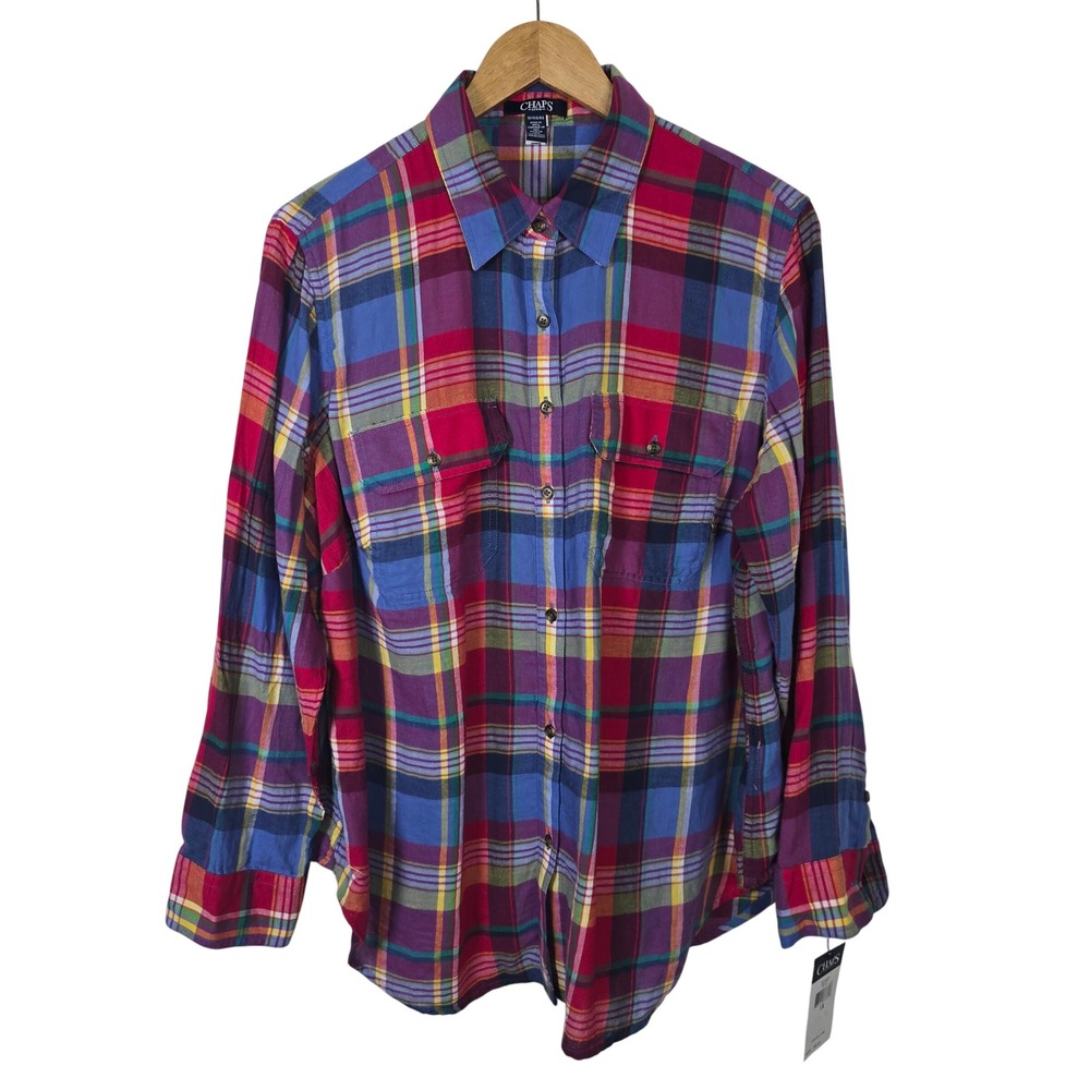 Chaps Denim Mens 1X Plaid Button Down Shirt Red Multi Color Cotton Long Sleeve